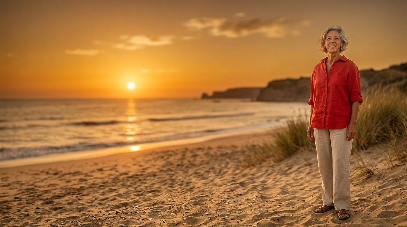 Renate am Strand bei Sonnenuntergang